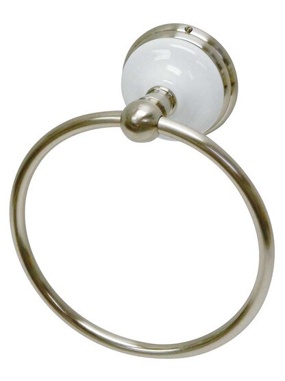 Cumberland 6 inch Towel Ring with Brass and White Porcelain Rosette in Satin Nickel.